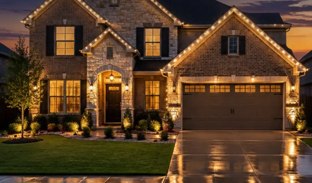 Warm white permanent roofline lighting on a home at night